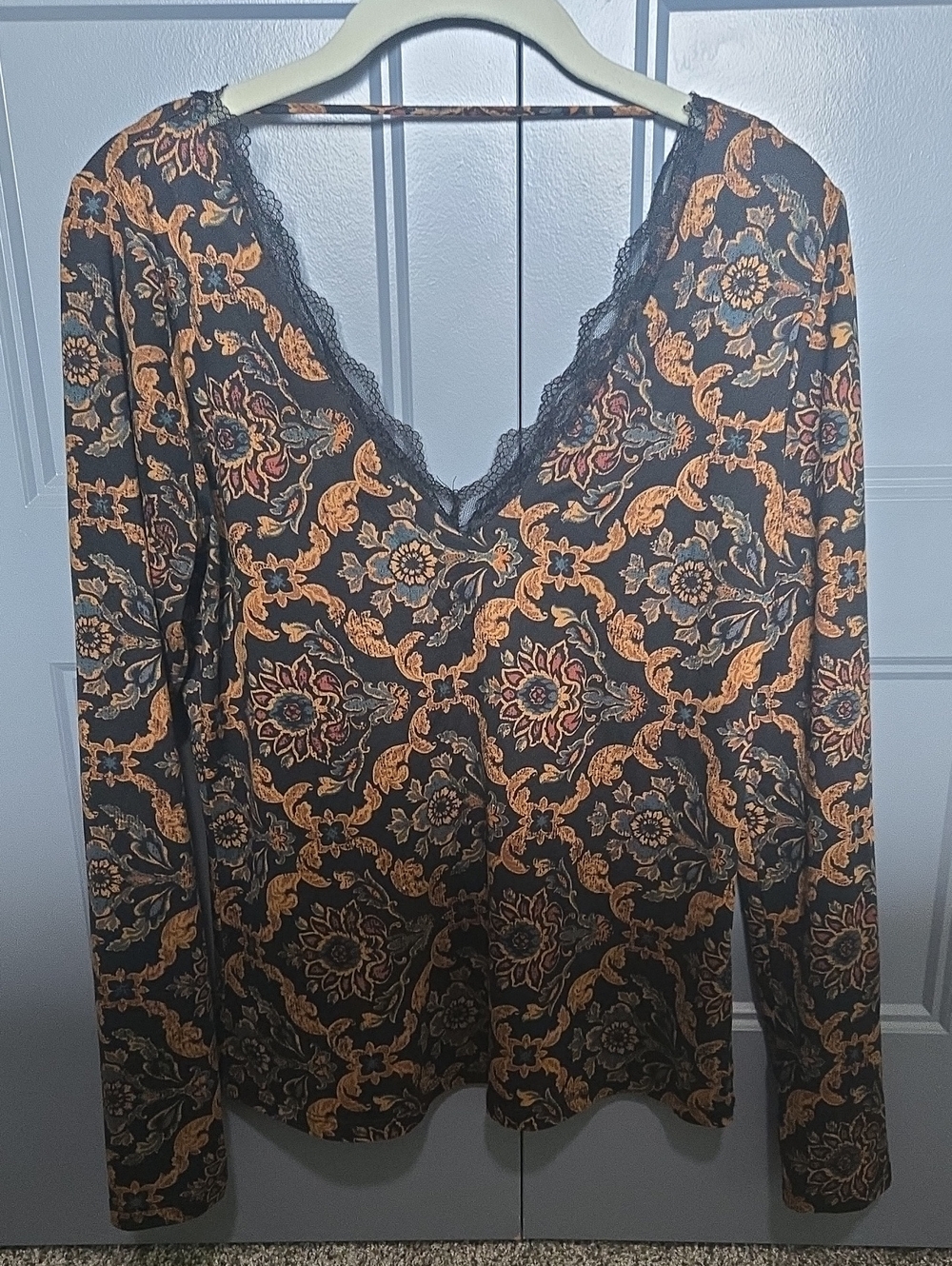 Daytrip Black Top with Gold Floral Scroll Print and Lace Trim
